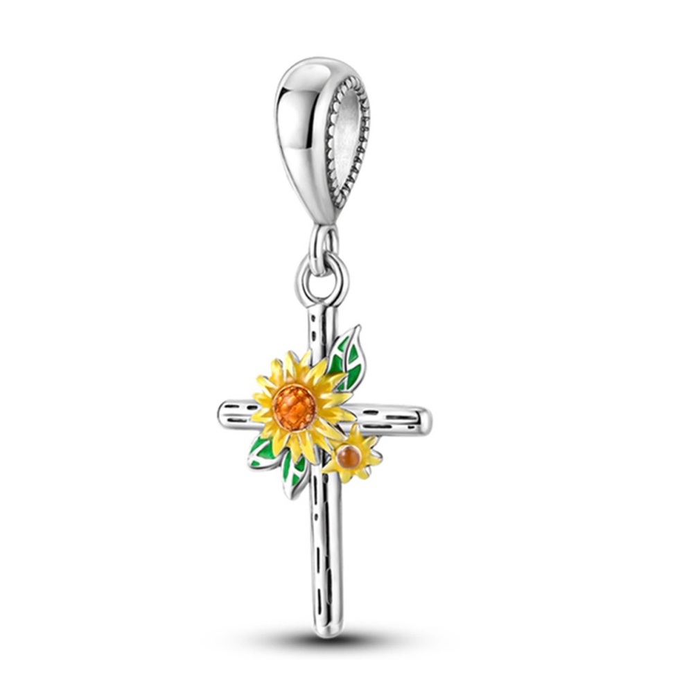 Cross Sunflower Charm, fits Pandora Charm Bracelet, S925 Silver, Religious Charm